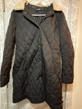 Ralph Lauren Black Quilted Puffer Coat with Faux Shearling Collar